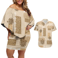 Vintage Lapita Couples Matching Off Shoulder Short Dress and Hawaiian Shirt Iconic Double Face Pattern Beige LT05 Beige - Polynesian Pride