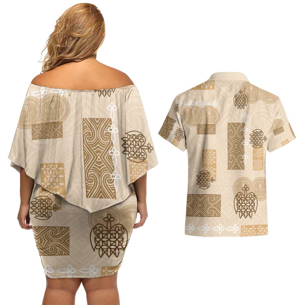 Vintage Lapita Couples Matching Off Shoulder Short Dress and Hawaiian Shirt Iconic Double Face Pattern Beige LT05 - Polynesian Pride