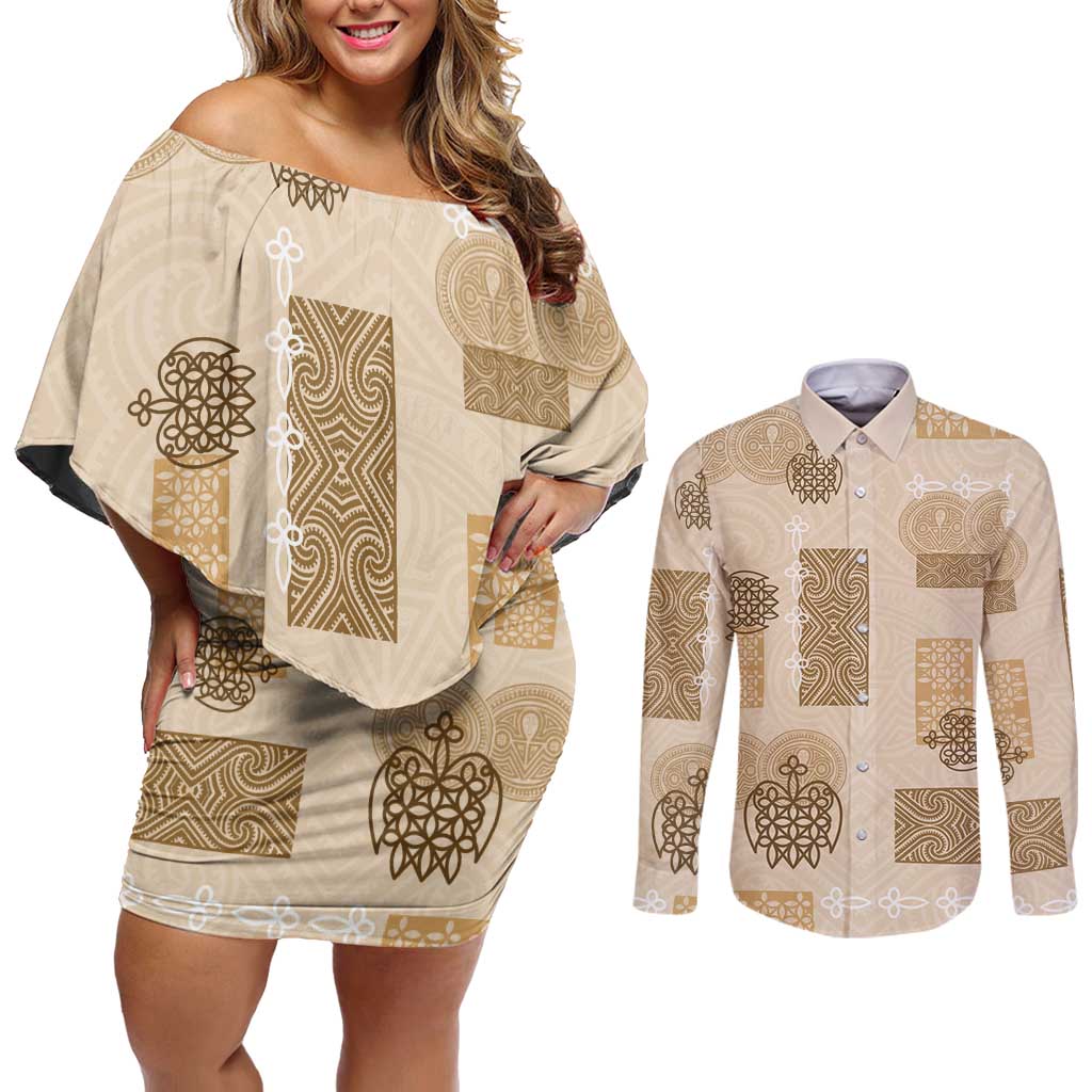 Vintage Lapita Couples Matching Off Shoulder Short Dress and Long Sleeve Button Shirt Iconic Double Face Pattern Beige LT05 Beige - Polynesian Pride