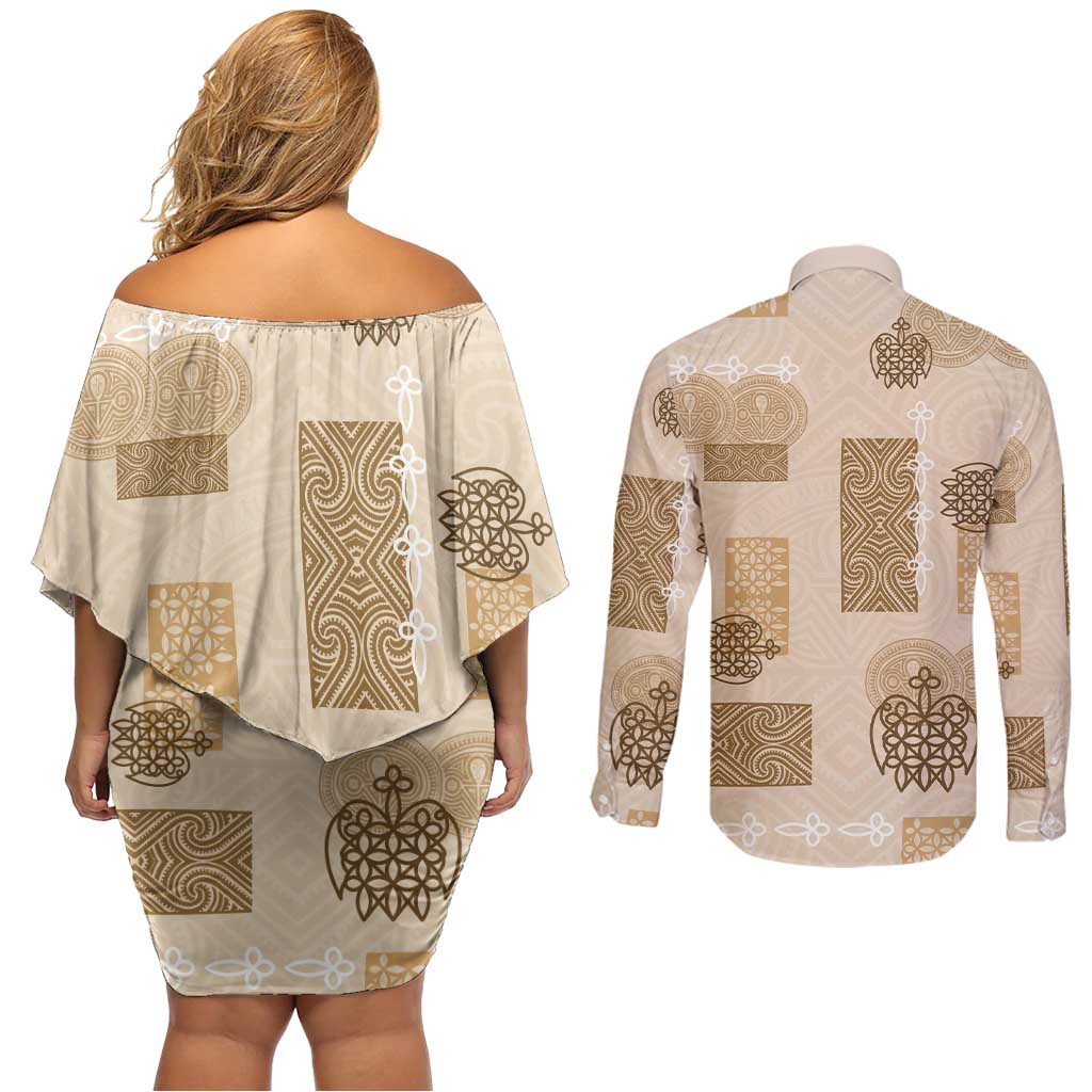 Vintage Lapita Couples Matching Off Shoulder Short Dress and Long Sleeve Button Shirt Iconic Double Face Pattern Beige LT05 - Polynesian Pride