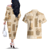 Vintage Lapita Couples Matching Off The Shoulder Long Sleeve Dress and Hawaiian Shirt Iconic Double Face Pattern Beige LT05 - Polynesian Pride