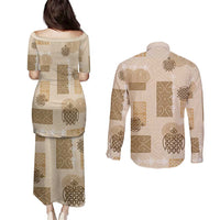 Vintage Lapita Couples Matching Puletasi and Long Sleeve Button Shirt Iconic Double Face Pattern Beige LT05 - Polynesian Pride