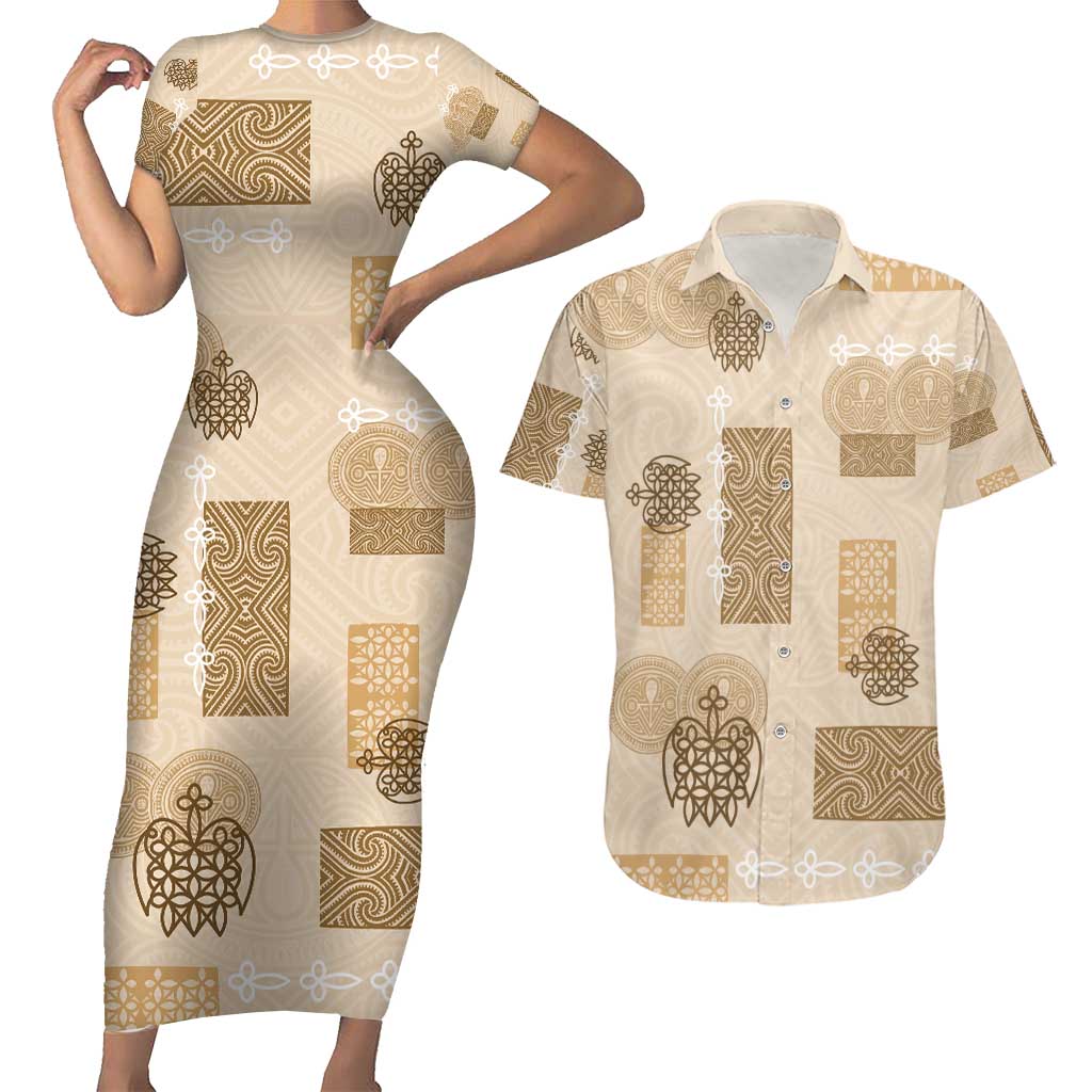 Vintage Lapita Couples Matching Short Sleeve Bodycon Dress and Hawaiian Shirt Iconic Double Face Pattern Beige LT05 Beige - Polynesian Pride