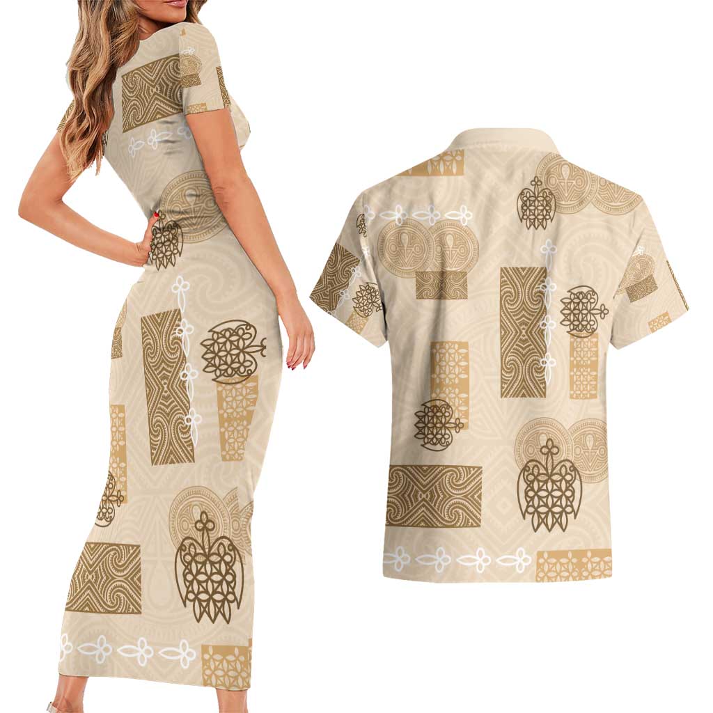Vintage Lapita Couples Matching Short Sleeve Bodycon Dress and Hawaiian Shirt Iconic Double Face Pattern Beige LT05 - Polynesian Pride