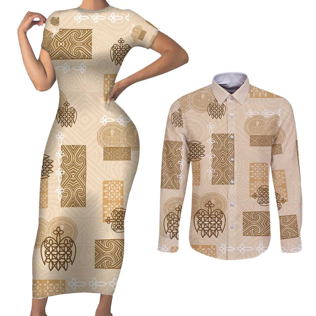 Vintage Lapita Couples Matching Short Sleeve Bodycon Dress and Long Sleeve Button Shirt Iconic Double Face Pattern Beige LT05 Beige - Polynesian Pride