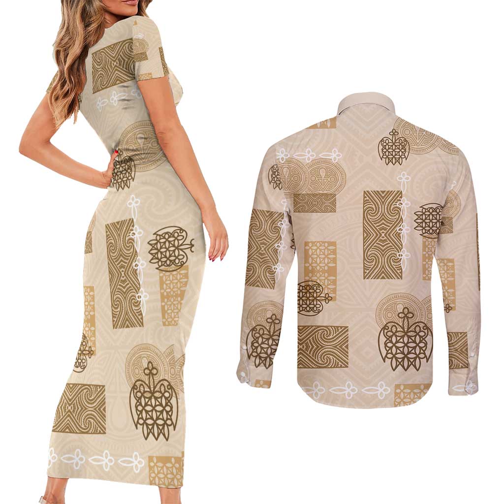 Vintage Lapita Couples Matching Short Sleeve Bodycon Dress and Long Sleeve Button Shirt Iconic Double Face Pattern Beige LT05 - Polynesian Pride