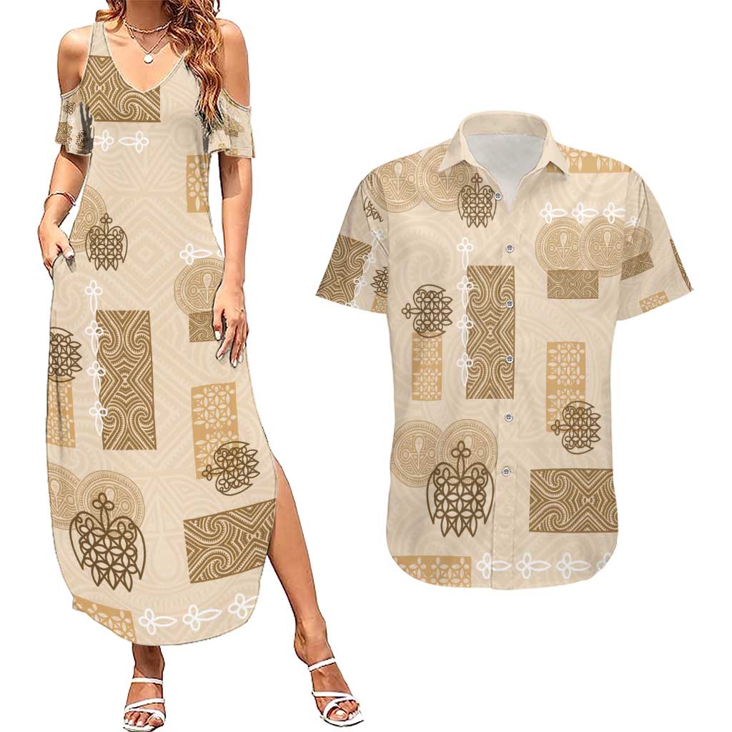 Vintage Lapita Couples Matching Summer Maxi Dress and Hawaiian Shirt Iconic Double Face Pattern Beige LT05 Beige - Polynesian Pride