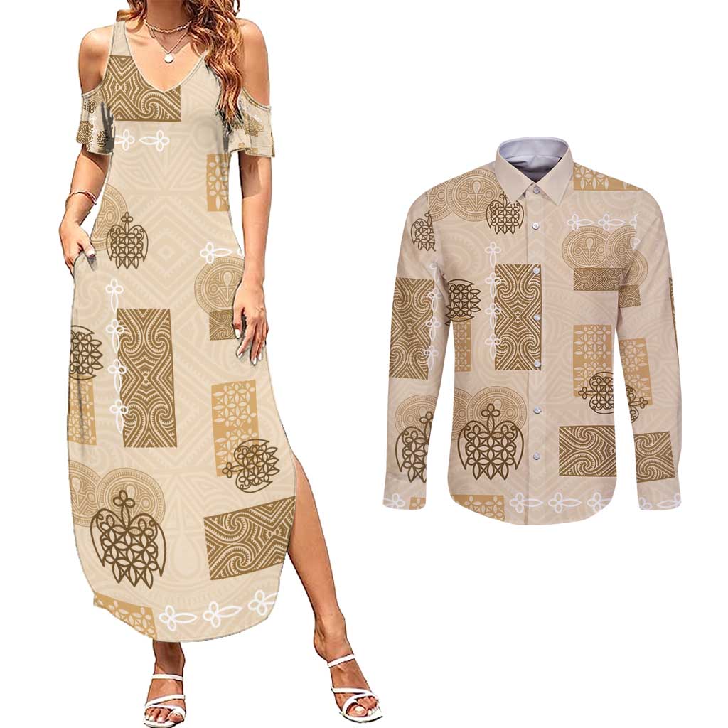 Vintage Lapita Couples Matching Summer Maxi Dress and Long Sleeve Button Shirt Iconic Double Face Pattern Beige LT05 Beige - Polynesian Pride