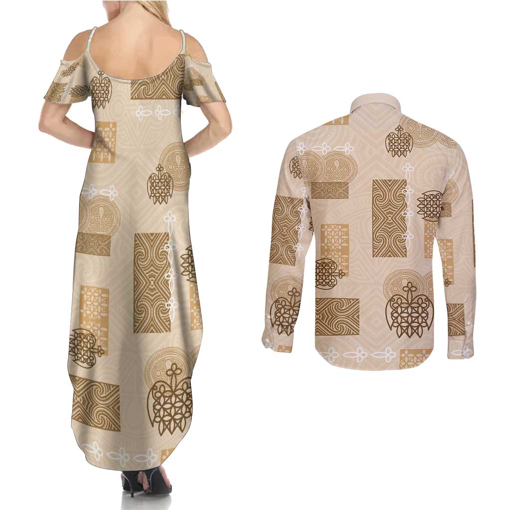 Vintage Lapita Couples Matching Summer Maxi Dress and Long Sleeve Button Shirt Iconic Double Face Pattern Beige LT05 - Polynesian Pride