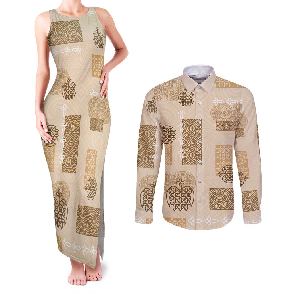 Vintage Lapita Couples Matching Tank Maxi Dress and Long Sleeve Button Shirt Iconic Double Face Pattern Beige LT05 Beige - Polynesian Pride