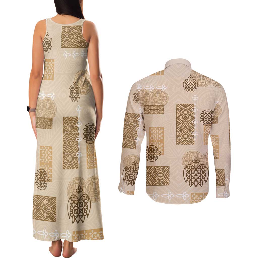Vintage Lapita Couples Matching Tank Maxi Dress and Long Sleeve Button Shirt Iconic Double Face Pattern Beige LT05 - Polynesian Pride