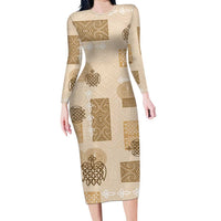 Vintage Lapita Family Matching Long Sleeve Bodycon Dress and Hawaiian Shirt Iconic Double Face Pattern Beige
