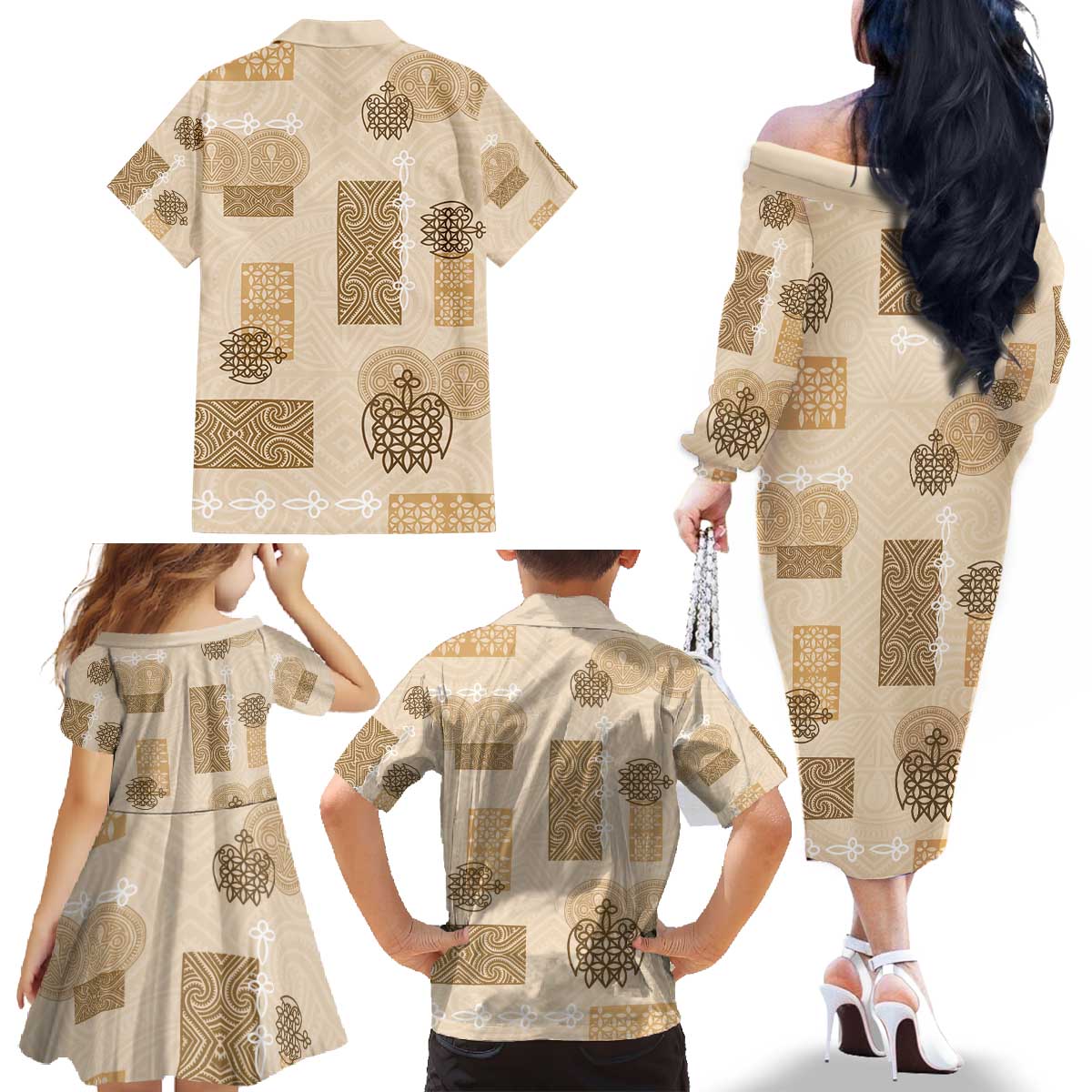 Vintage Lapita Family Matching Off The Shoulder Long Sleeve Dress and Hawaiian Shirt Iconic Double Face Pattern Beige
