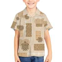 Vintage Lapita Family Matching Off The Shoulder Long Sleeve Dress and Hawaiian Shirt Iconic Double Face Pattern Beige