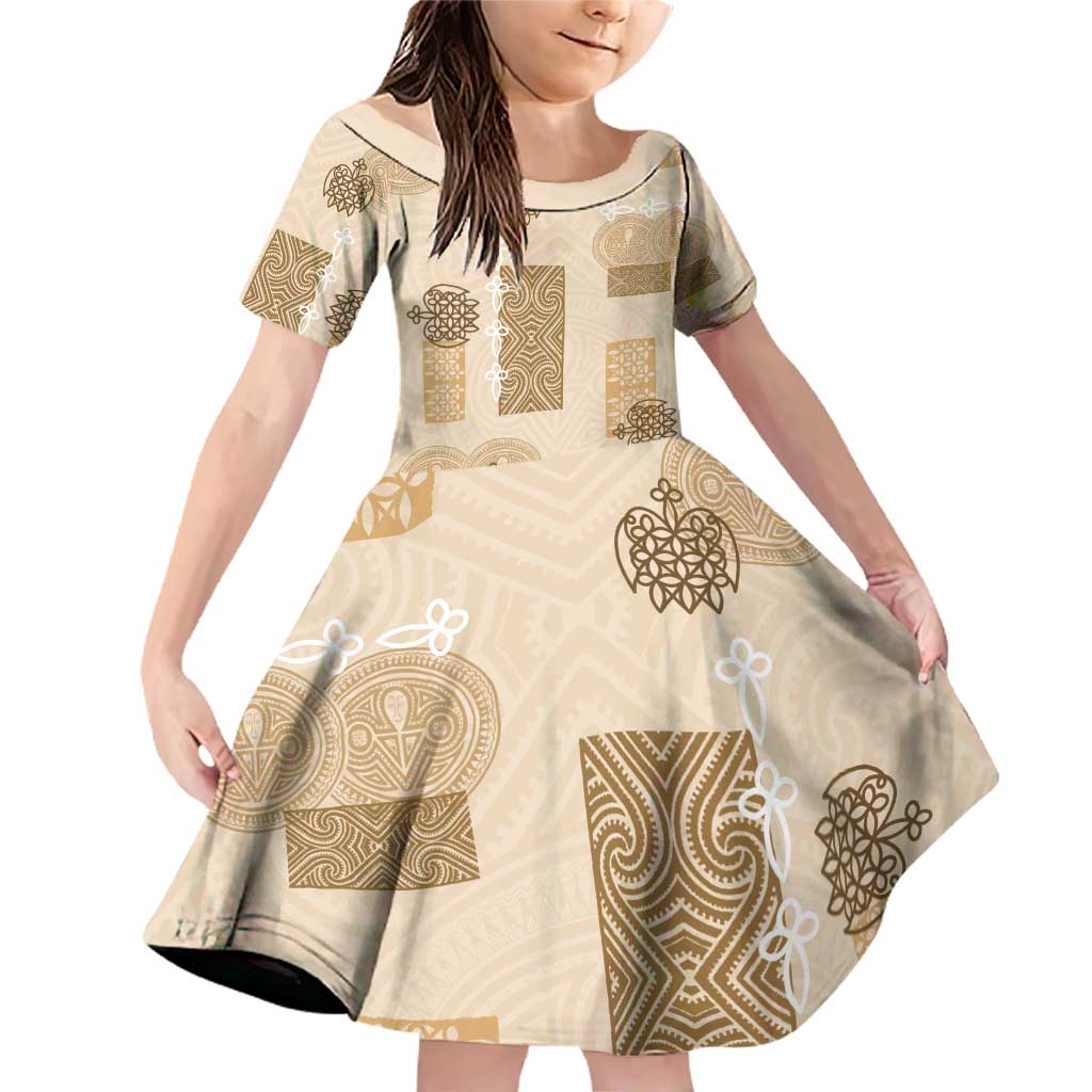 Vintage Lapita Family Matching Off Shoulder Short Dress and Hawaiian Shirt Iconic Double Face Pattern Beige