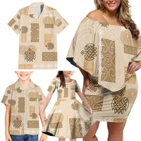 Vintage Lapita Family Matching Off Shoulder Short Dress and Hawaiian Shirt Iconic Double Face Pattern Beige
