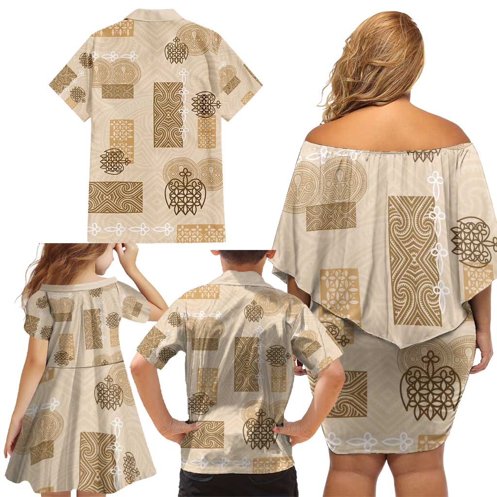Vintage Lapita Family Matching Off Shoulder Short Dress and Hawaiian Shirt Iconic Double Face Pattern Beige