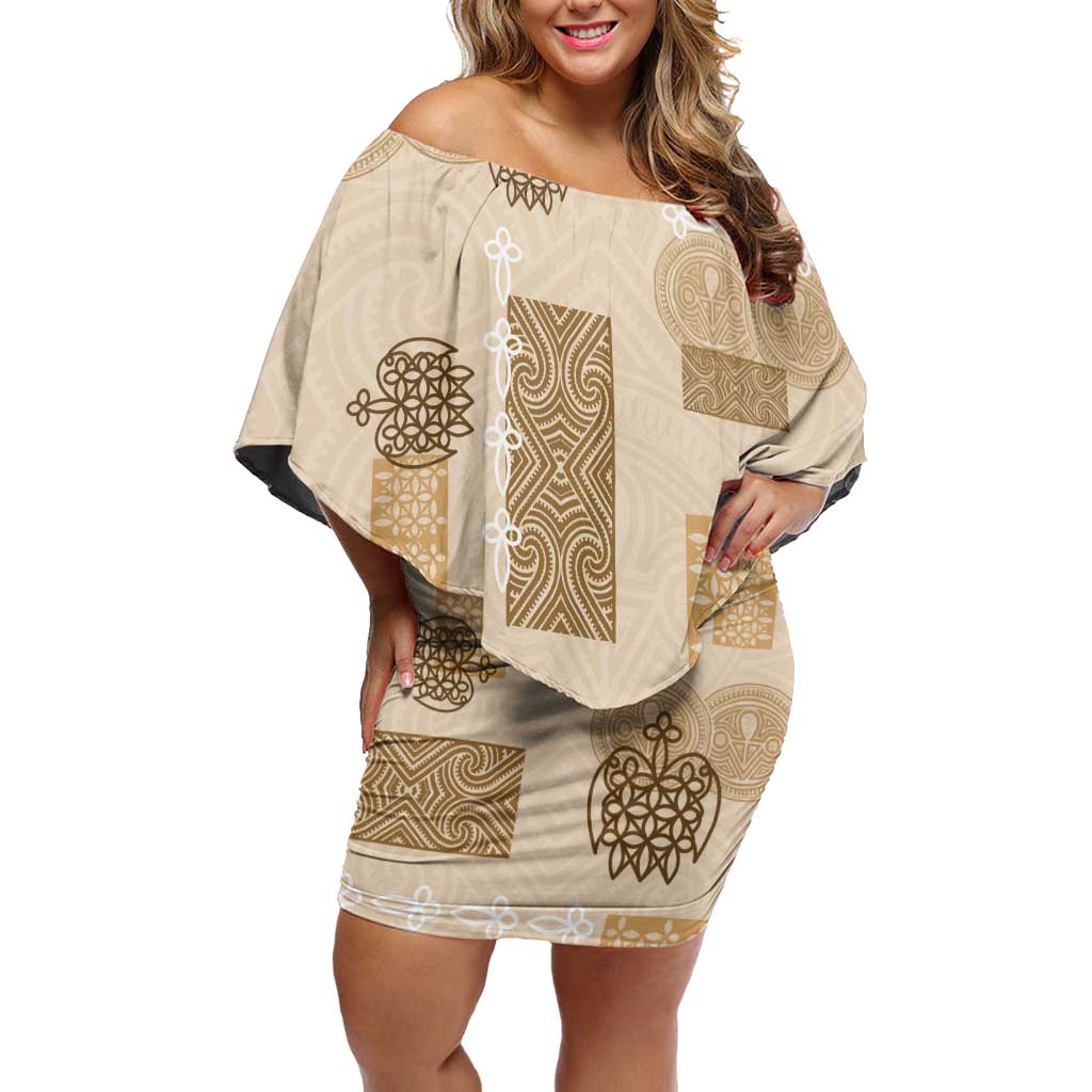 Vintage Lapita Family Matching Off Shoulder Short Dress and Hawaiian Shirt Iconic Double Face Pattern Beige