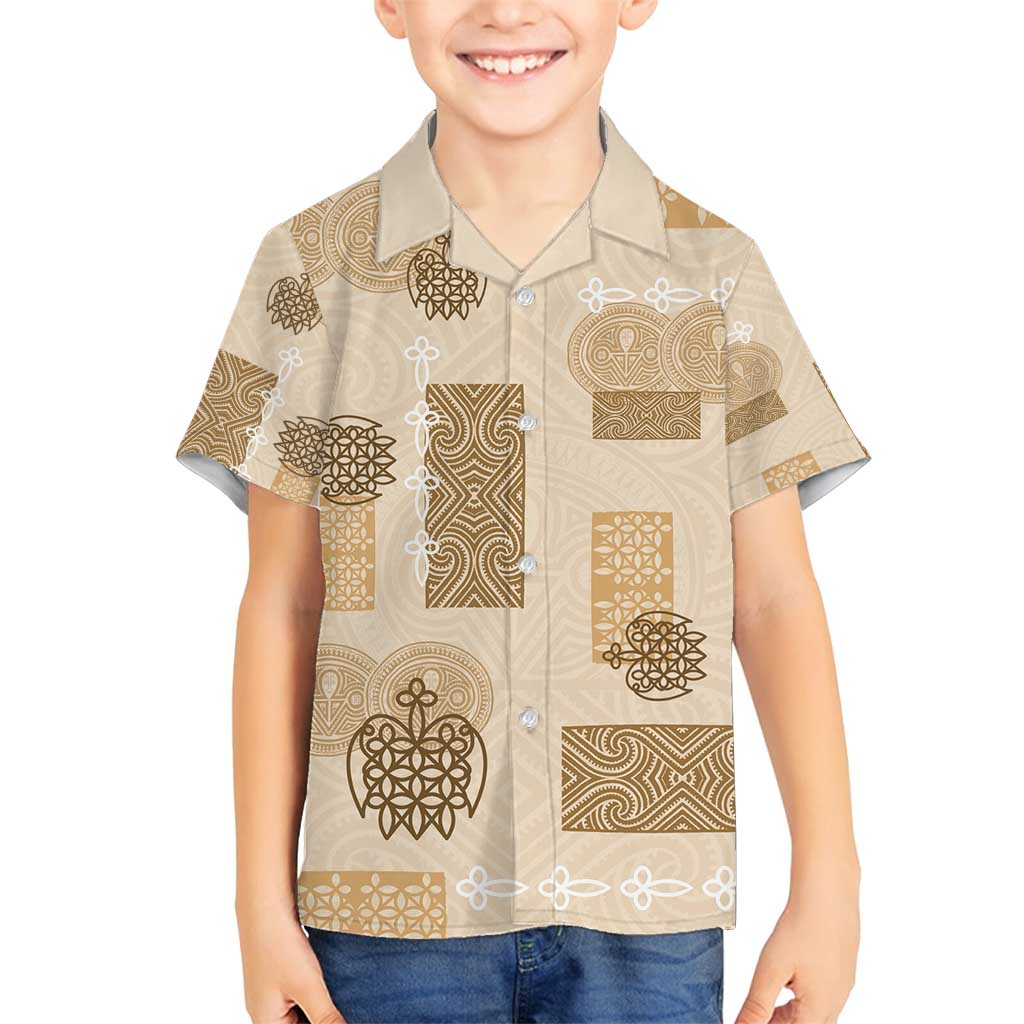 Vintage Lapita Family Matching Off Shoulder Short Dress and Hawaiian Shirt Iconic Double Face Pattern Beige