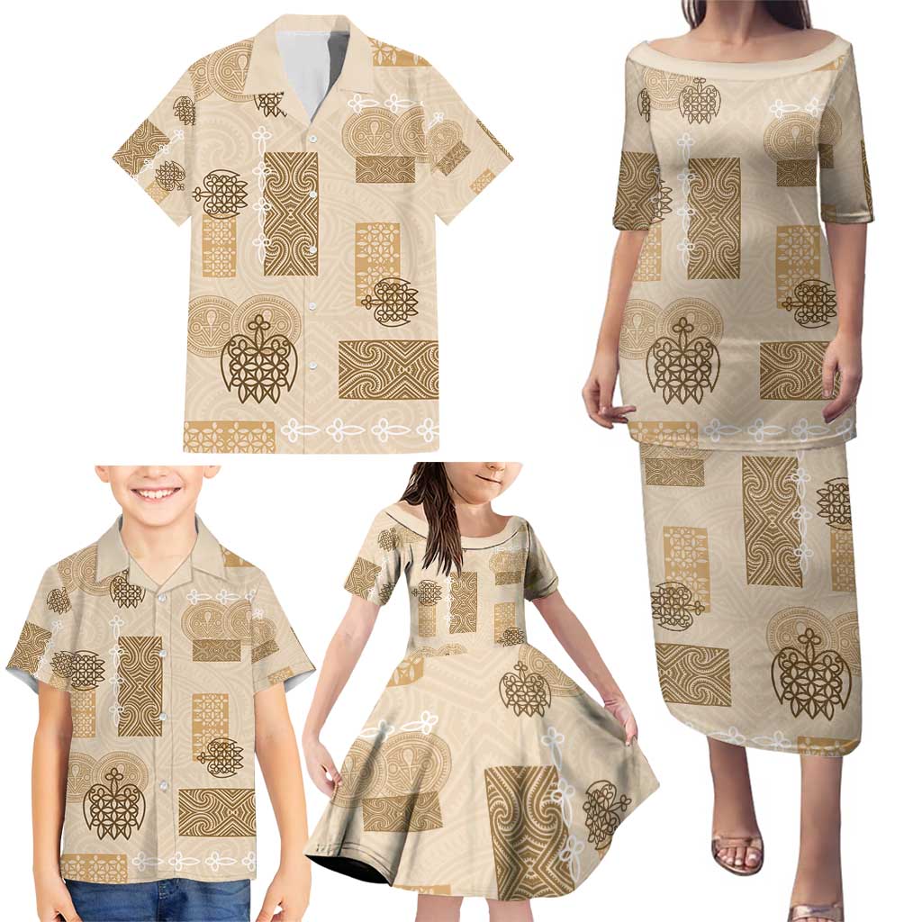 Vintage Lapita Family Matching Puletasi and Hawaiian Shirt Iconic Double Face Pattern Beige