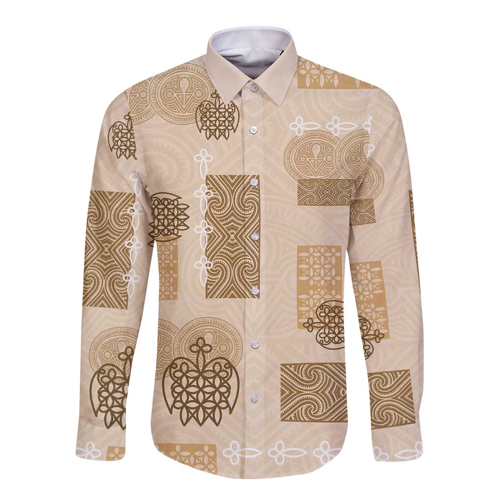 Vintage Lapita Long Sleeve Button Shirt Iconic Double Face Pattern Beige LT05 Unisex Beige - Polynesian Pride