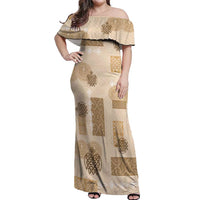 Vintage Lapita Off Shoulder Maxi Dress Iconic Double Face Pattern Beige