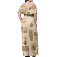 Vintage Lapita Off Shoulder Maxi Dress Iconic Double Face Pattern Beige