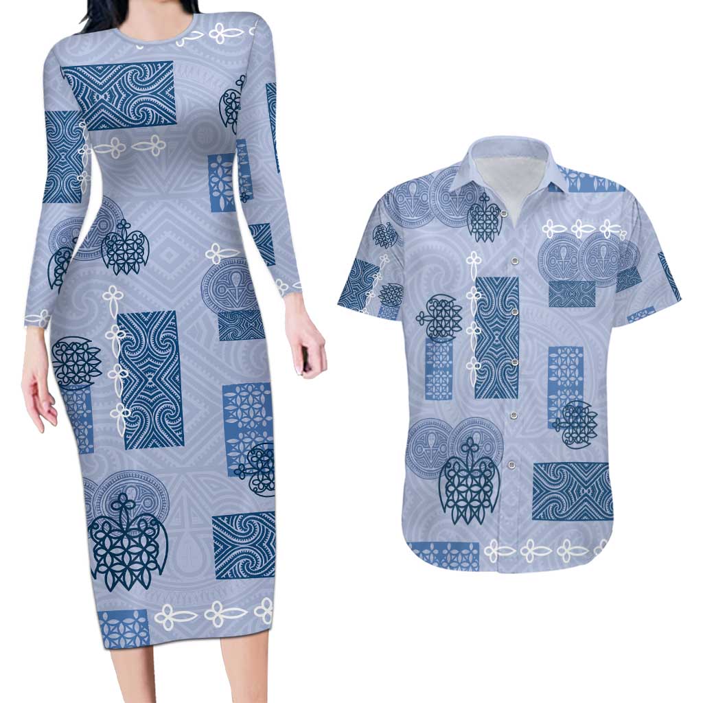 Vintage Lapita Couples Matching Long Sleeve Bodycon Dress and Hawaiian Shirt Iconic Double Face Pattern Blue LT05 Blue - Polynesian Pride