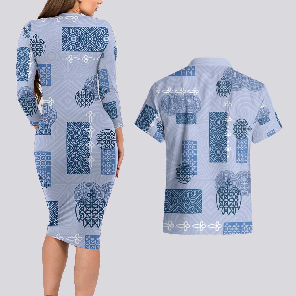 Vintage Lapita Couples Matching Long Sleeve Bodycon Dress and Hawaiian Shirt Iconic Double Face Pattern Blue LT05 - Polynesian Pride