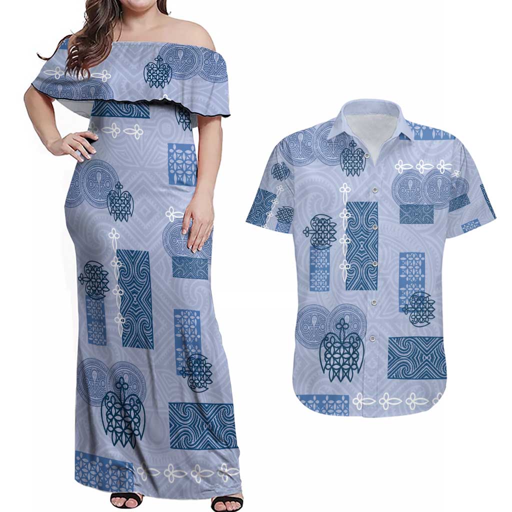 Vintage Lapita Couples Matching Off Shoulder Maxi Dress and Hawaiian Shirt Iconic Double Face Pattern Blue LT05 Blue - Polynesian Pride