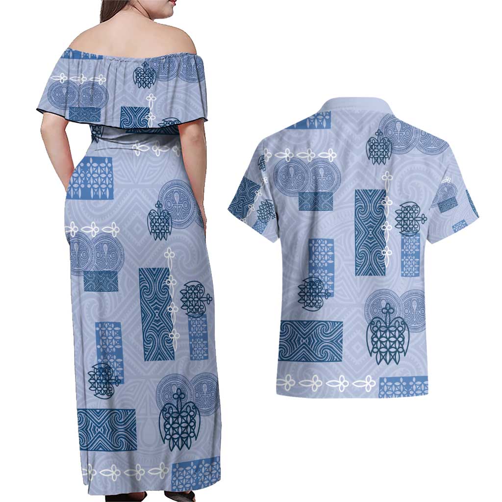 Vintage Lapita Couples Matching Off Shoulder Maxi Dress and Hawaiian Shirt Iconic Double Face Pattern Blue LT05 - Polynesian Pride