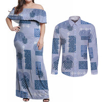 Vintage Lapita Couples Matching Off Shoulder Maxi Dress and Long Sleeve Button Shirt Iconic Double Face Pattern Blue