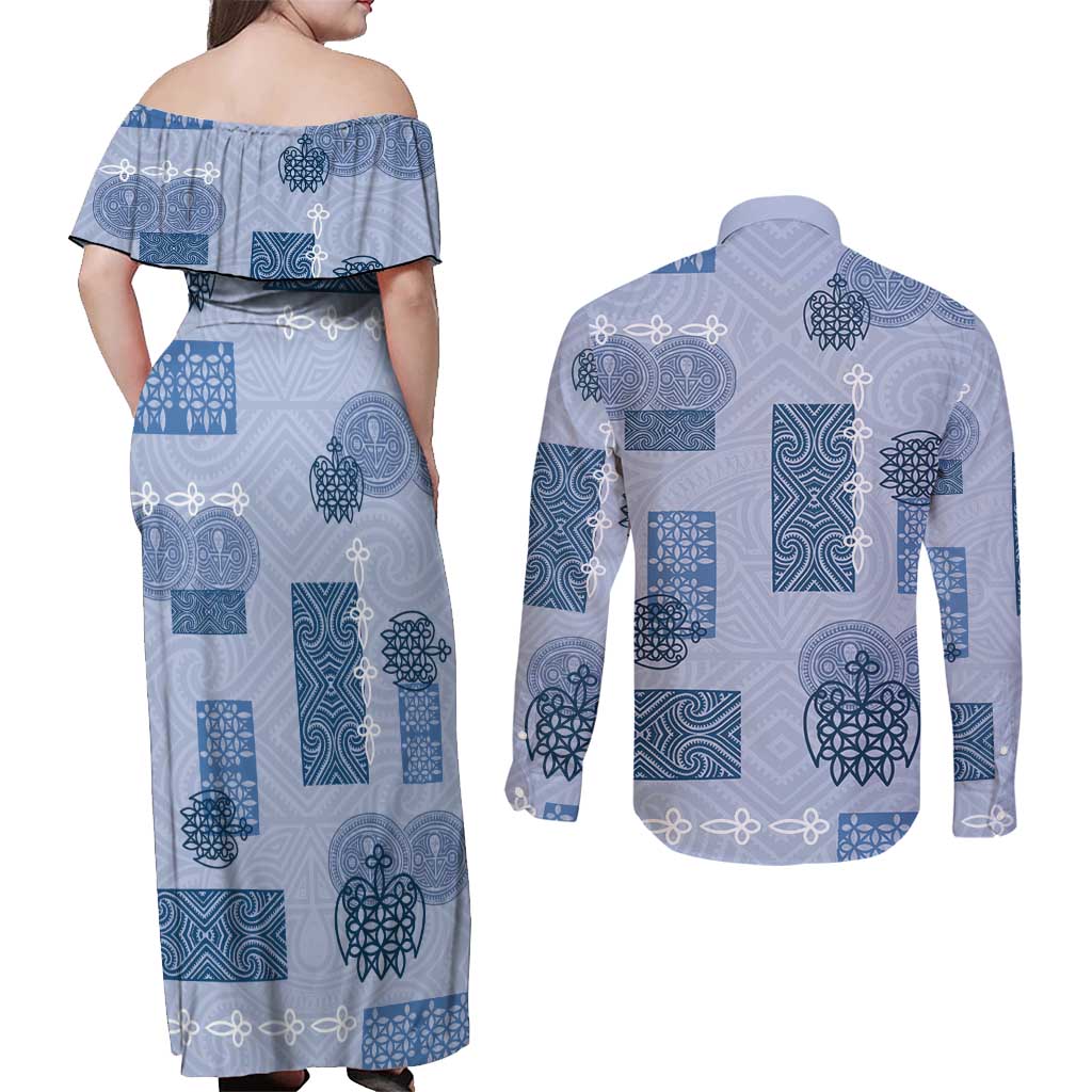 Vintage Lapita Couples Matching Off Shoulder Maxi Dress and Long Sleeve Button Shirt Iconic Double Face Pattern Blue