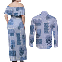 Vintage Lapita Couples Matching Off Shoulder Maxi Dress and Long Sleeve Button Shirt Iconic Double Face Pattern Blue