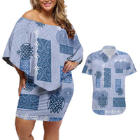 Vintage Lapita Couples Matching Off Shoulder Short Dress and Hawaiian Shirt Iconic Double Face Pattern Blue LT05 Blue - Polynesian Pride