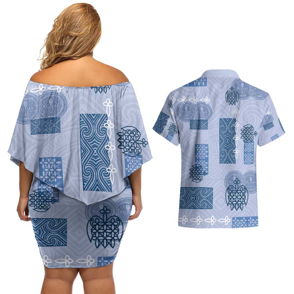 Vintage Lapita Couples Matching Off Shoulder Short Dress and Hawaiian Shirt Iconic Double Face Pattern Blue LT05 - Polynesian Pride