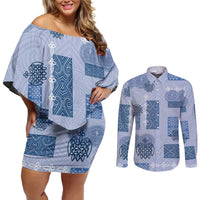 Vintage Lapita Couples Matching Off Shoulder Short Dress and Long Sleeve Button Shirt Iconic Double Face Pattern Blue LT05 Blue - Polynesian Pride