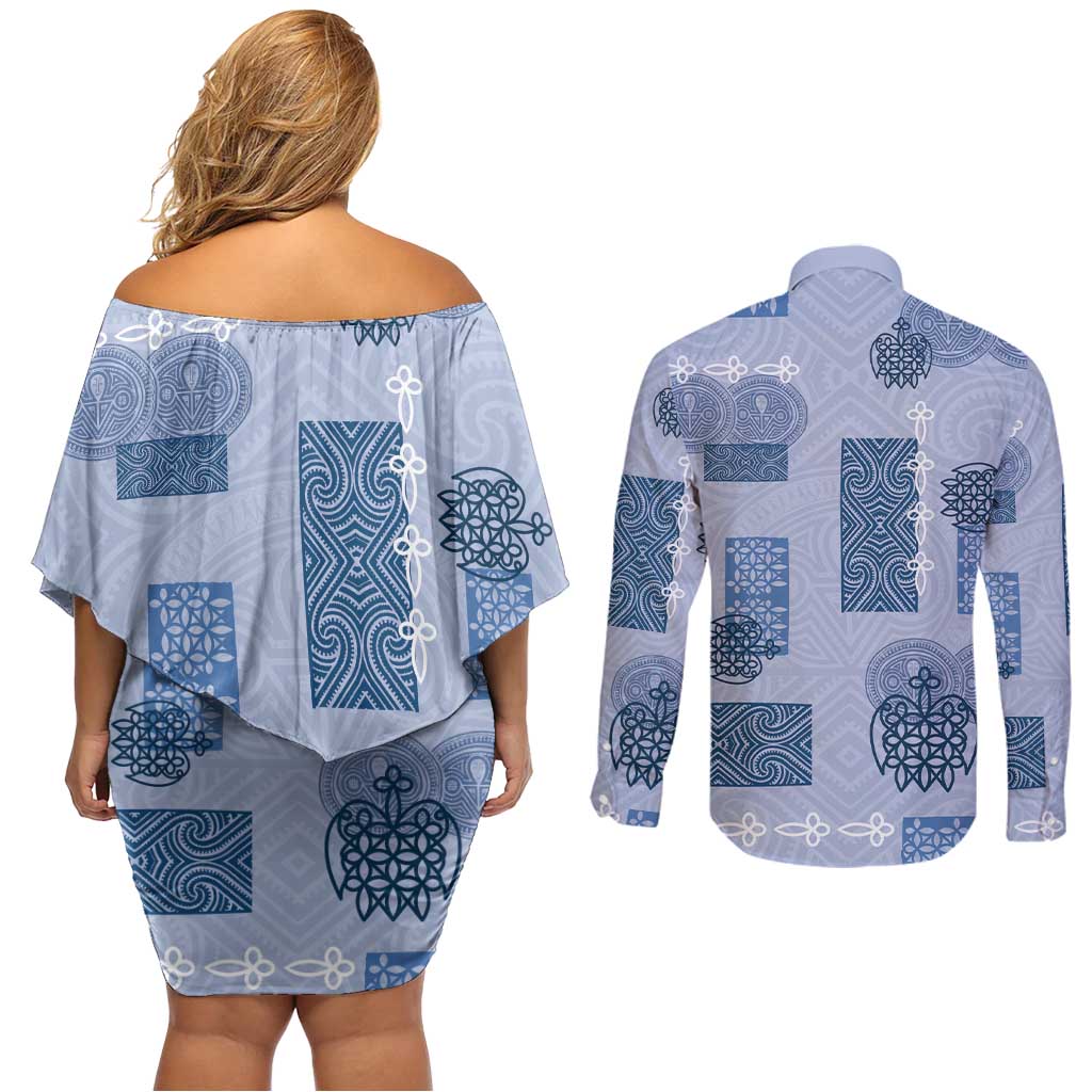 Vintage Lapita Couples Matching Off Shoulder Short Dress and Long Sleeve Button Shirt Iconic Double Face Pattern Blue LT05 - Polynesian Pride