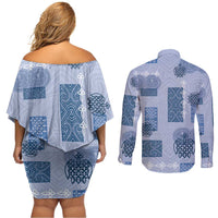 Vintage Lapita Couples Matching Off Shoulder Short Dress and Long Sleeve Button Shirt Iconic Double Face Pattern Blue LT05 - Polynesian Pride
