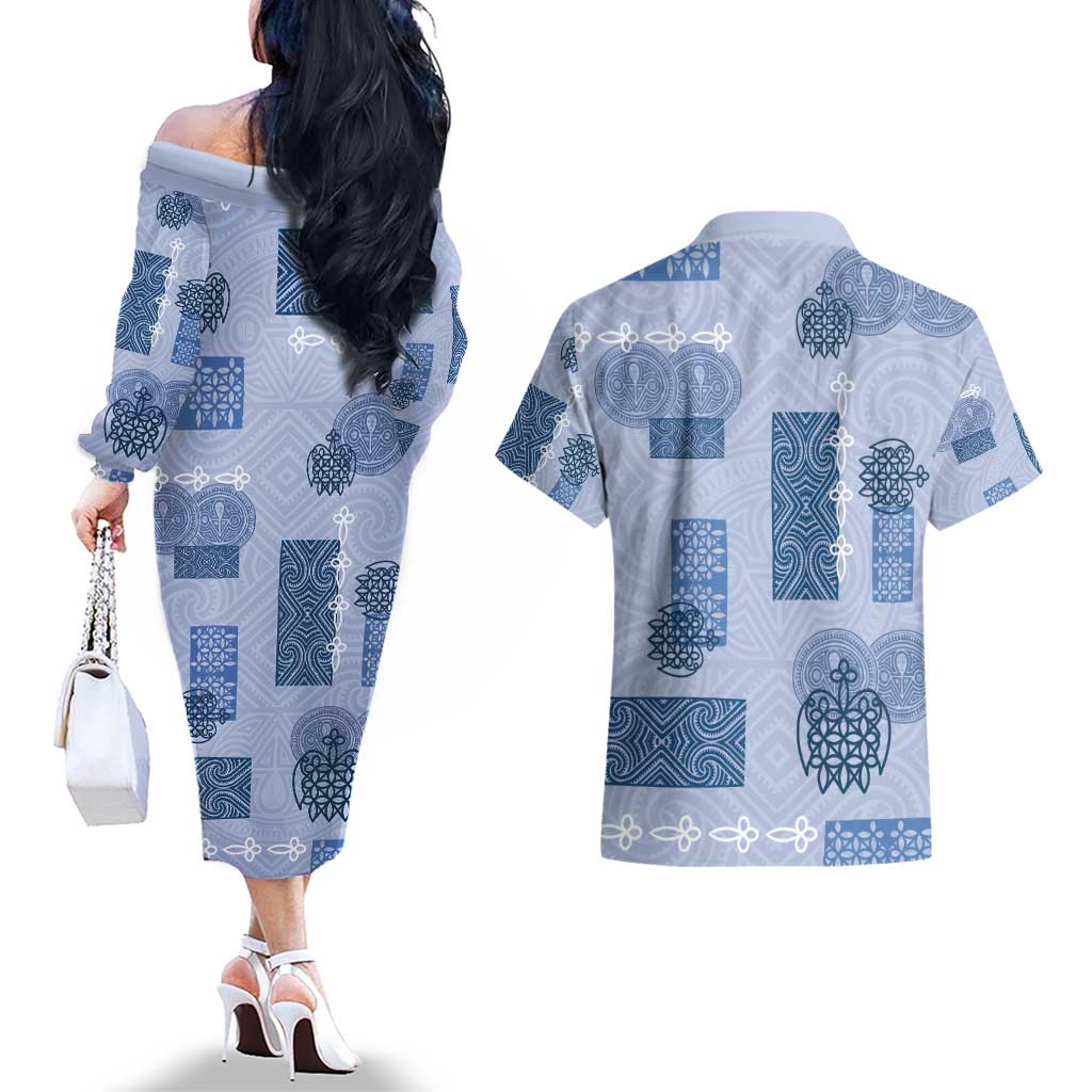 Vintage Lapita Couples Matching Off The Shoulder Long Sleeve Dress and Hawaiian Shirt Iconic Double Face Pattern Blue LT05 - Polynesian Pride