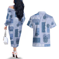 Vintage Lapita Couples Matching Off The Shoulder Long Sleeve Dress and Hawaiian Shirt Iconic Double Face Pattern Blue LT05 - Polynesian Pride