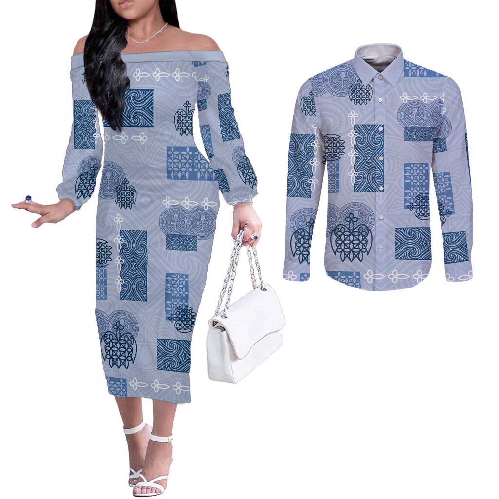 Vintage Lapita Couples Matching Off The Shoulder Long Sleeve Dress and Long Sleeve Button Shirt Iconic Double Face Pattern Blue LT05 Blue - Polynesian Pride