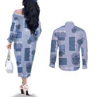 Vintage Lapita Couples Matching Off The Shoulder Long Sleeve Dress and Long Sleeve Button Shirt Iconic Double Face Pattern Blue LT05 - Polynesian Pride