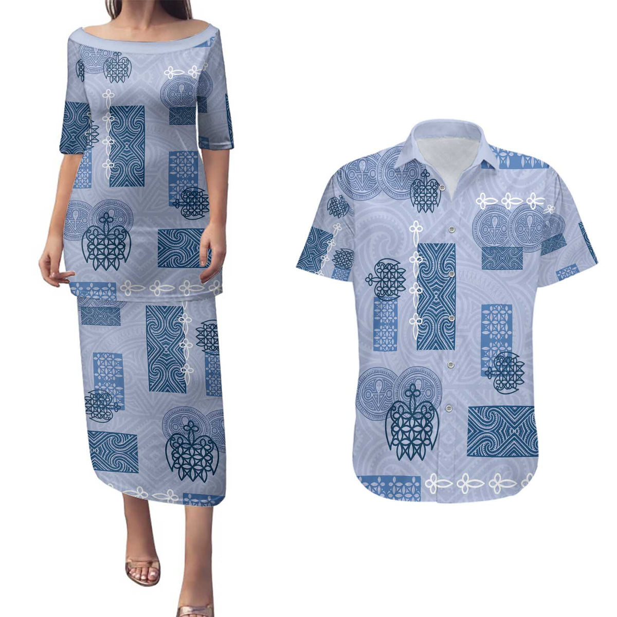 Vintage Lapita Couples Matching Puletasi and Hawaiian Shirt Iconic Double Face Pattern Blue LT05 Blue - Polynesian Pride