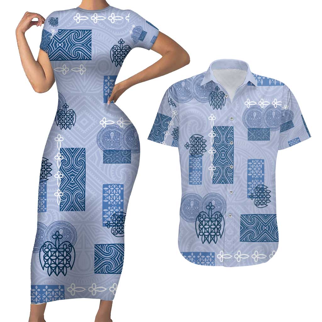 Vintage Lapita Couples Matching Short Sleeve Bodycon Dress and Hawaiian Shirt Iconic Double Face Pattern Blue LT05 Blue - Polynesian Pride