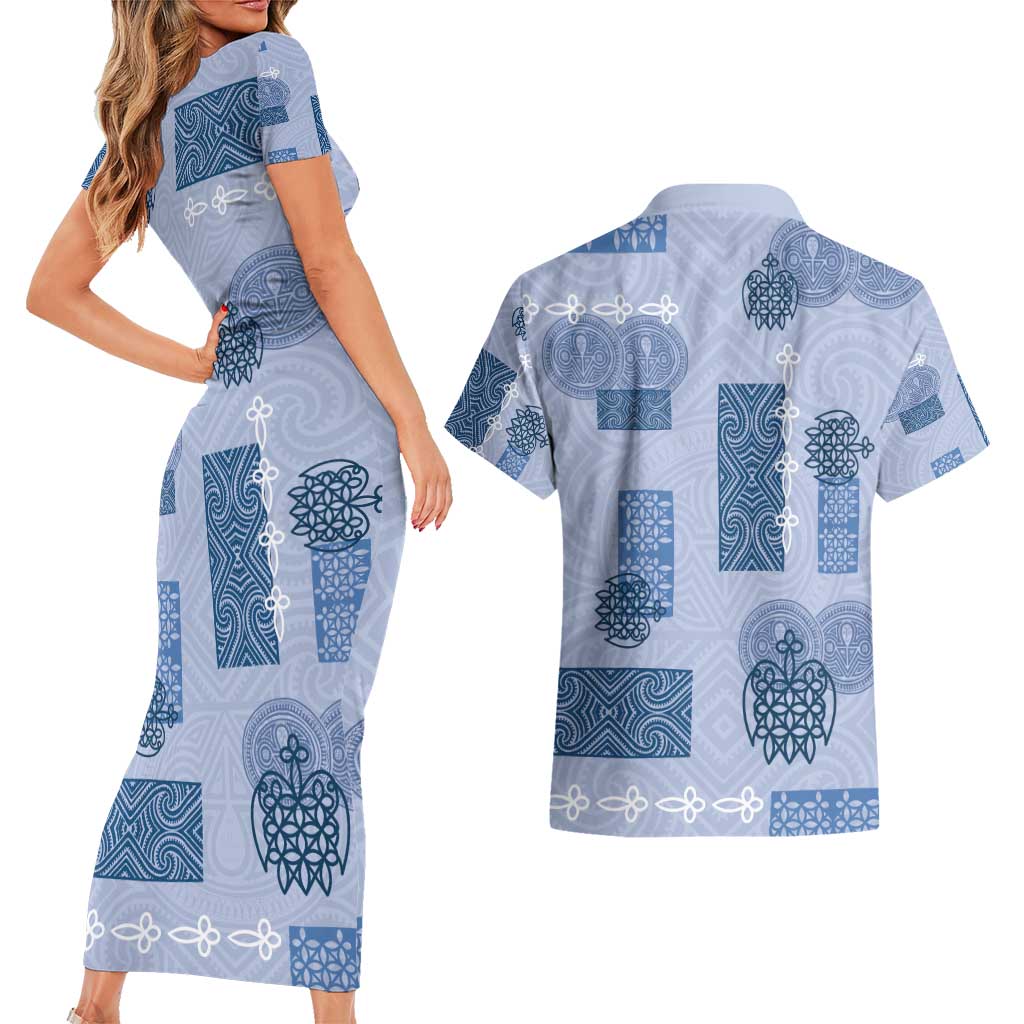 Vintage Lapita Couples Matching Short Sleeve Bodycon Dress and Hawaiian Shirt Iconic Double Face Pattern Blue LT05 - Polynesian Pride