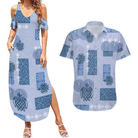 Vintage Lapita Couples Matching Summer Maxi Dress and Hawaiian Shirt Iconic Double Face Pattern Blue LT05 Blue - Polynesian Pride