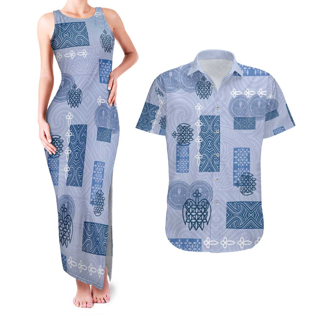 Vintage Lapita Couples Matching Tank Maxi Dress and Hawaiian Shirt Iconic Double Face Pattern Blue LT05 Blue - Polynesian Pride