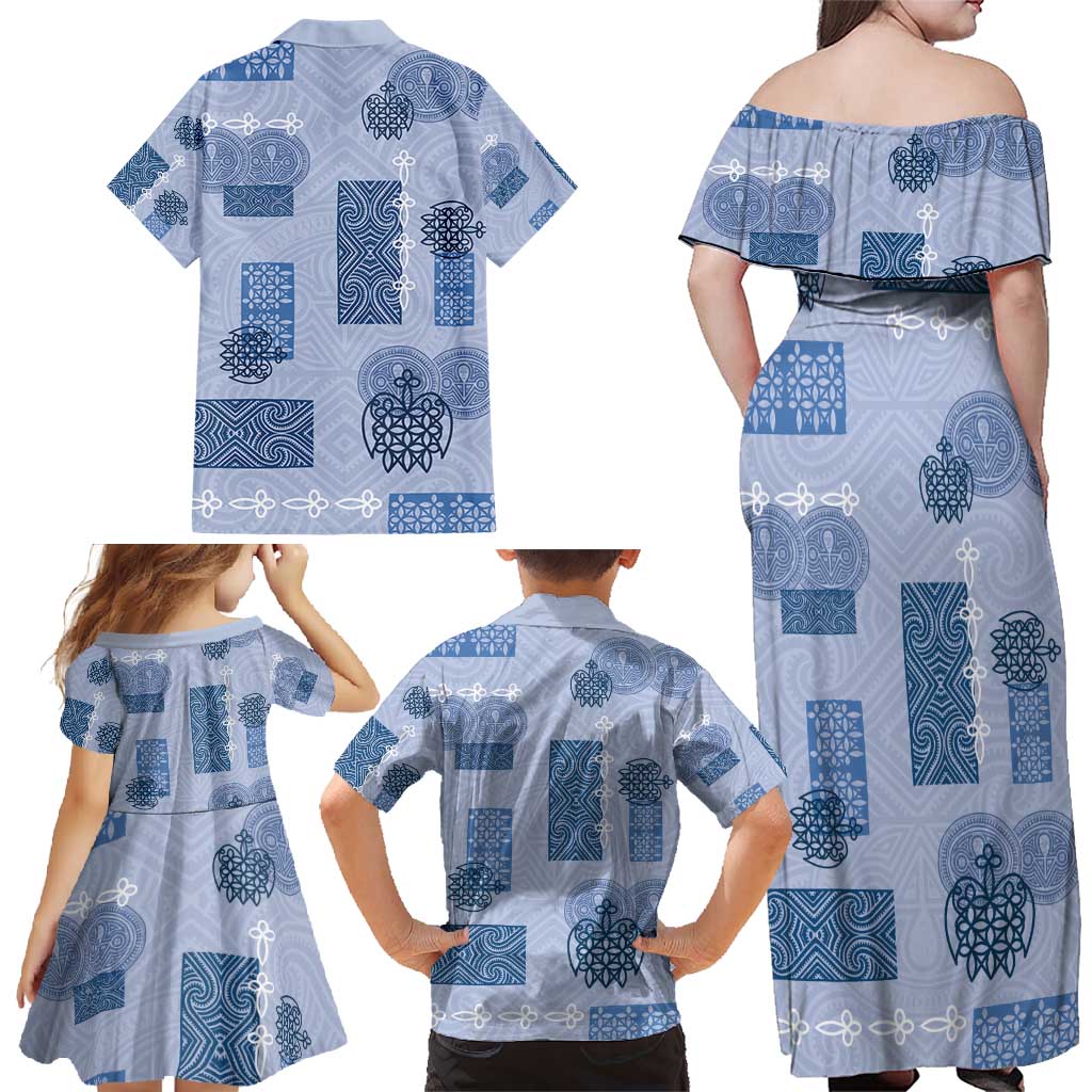 Vintage Lapita Family Matching Off Shoulder Maxi Dress and Hawaiian Shirt Iconic Double Face Pattern Blue