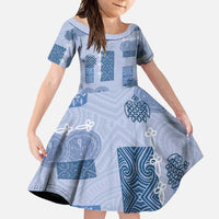 Vintage Lapita Family Matching Short Sleeve Bodycon Dress and Hawaiian Shirt Iconic Double Face Pattern Blue